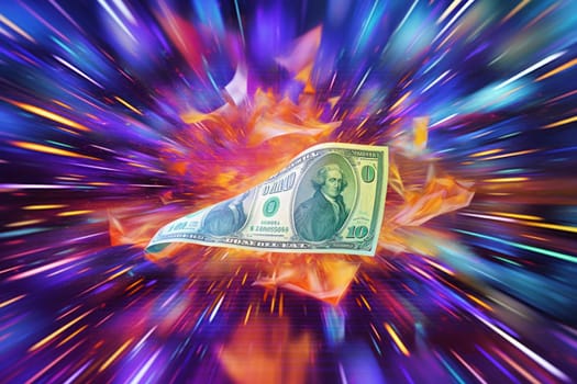 dollar bills falling with colorful abstract background.