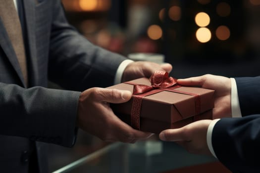 Close-up view of hands Giving a business gift in an office Generative AI.