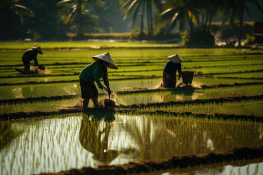 Agriculture of Asia Local Thai farmers are planting rice fields.