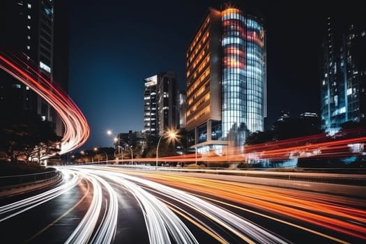 High speed traffic and light trails in highway at twilight Modern city at night Generative AI.