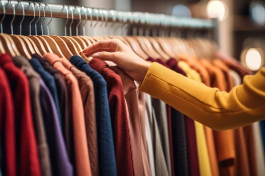 Close up of Female Hands Plucked Hanger Choosing Clothes in a Clothing Store Generative AI.