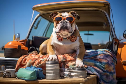 Car trunk with cute Dog and luggage Dog Travel concept Generative AI.