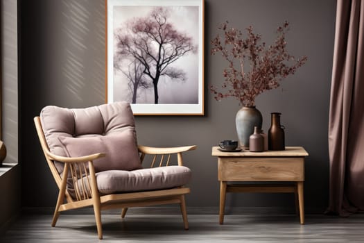 Wing chair near rustic wooden coffee table. Interior design of scandinavian living room with frames.