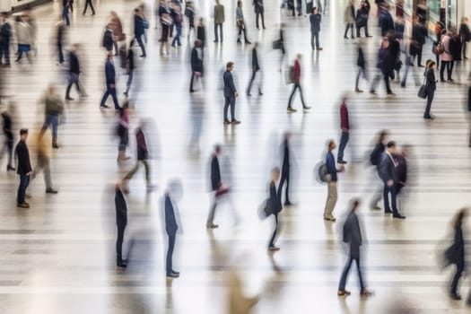 Above view of people walking in motion blur background.