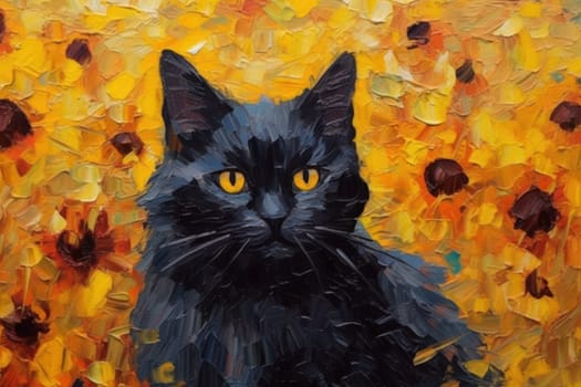 Black Cat made of oil paint modern art with sunflower Generative AI.