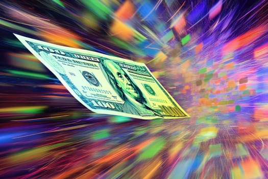 dollar bills falling with colorful abstract background.
