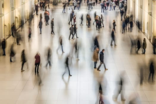 Above view of people walking in motion blur background.