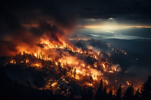 Night forest fire burns the pine trees in the forest Generative AI.