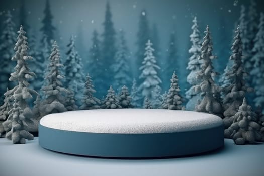 Minimal podium mockup on winter background. Generative AI.