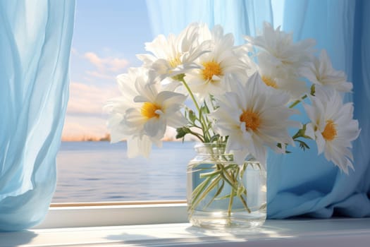 Flowers on a windowsill in the style of light sky and blue and light white Generative AI.
