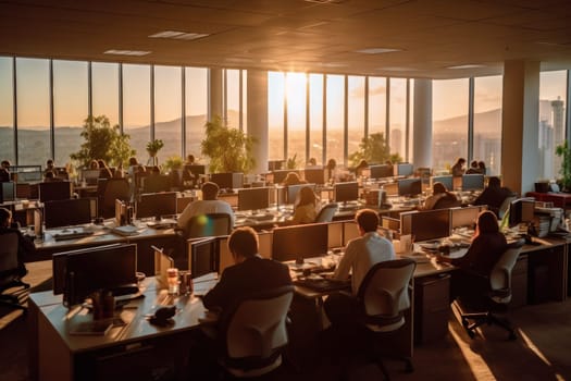 A glass walled office with a view of the city Bustling office space Generative AI.