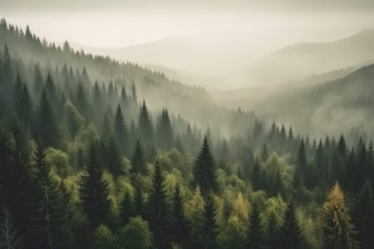 Misty landscape with fir forest in hipster vintage retro style, Vintage foggy mountain landscape.