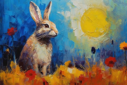 Rabbit made of oil paint modern art with sunflower Generative AI.