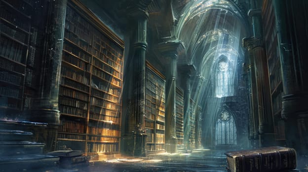 An ancient library filled with magical books, glowing orbs, and mystical artifacts. Shelves reach up to a high, vaulted ceiling, with soft light filtering through stained glass windows. Resplendent.