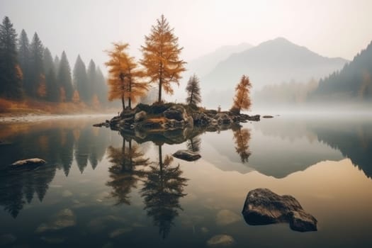Beautiful autumn mountain nature lake with mist Generative AI.
