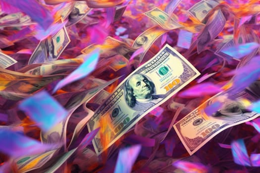 dollar bills falling with colorful abstract background.
