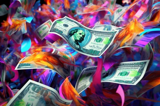 dollar bills falling with colorful abstract background.