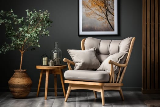 Wing chair near rustic wooden coffee table. Interior design of scandinavian living room with frames.