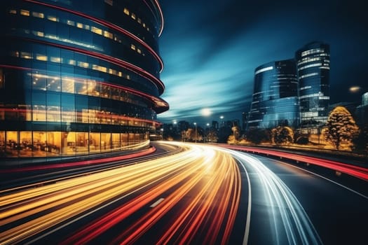 High speed traffic and light trails in highway at twilight Modern city at night Generative AI.