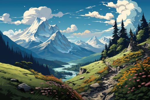 Winter Landscape there are mountains and lakes and sky and tree Digital printing Generative AI.