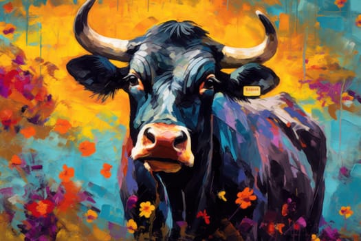 Nguni Bull Buffalo made of oil paint modern art with sunflower Generative AI.