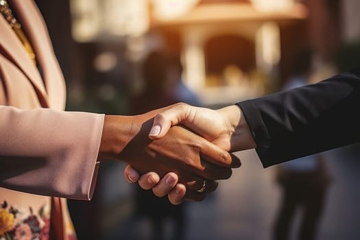 Business handshake and business people partner Generative AI.