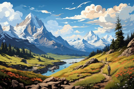 Winter Landscape there are mountains and lakes and sky and tree Digital printing Generative AI.