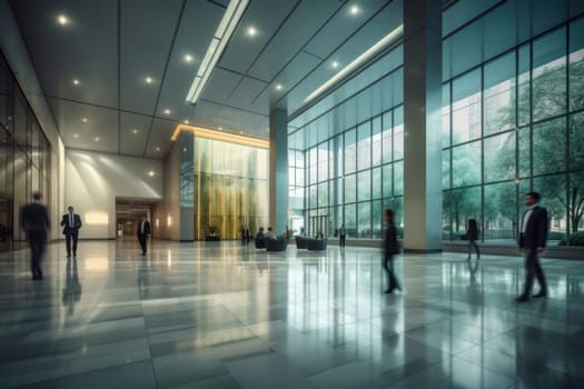 An office building with a huge people flow, fast shutter, Business people walking, Generative AI.