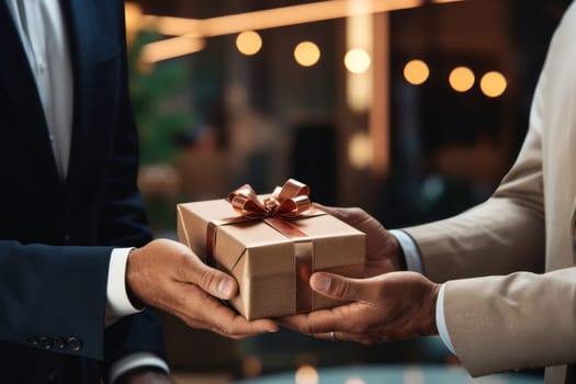 Close-up view of hands Giving a business gift in an office Generative AI.
