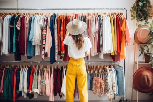 A shopper browsing through colorful clothing racks in a boutique.