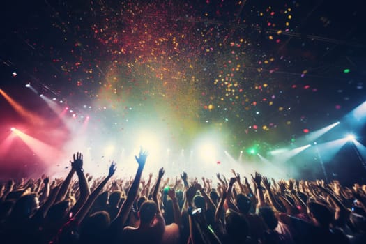 a vibrant concert crowd illuminated by colorful stage lights and surrounded by falling confetti.