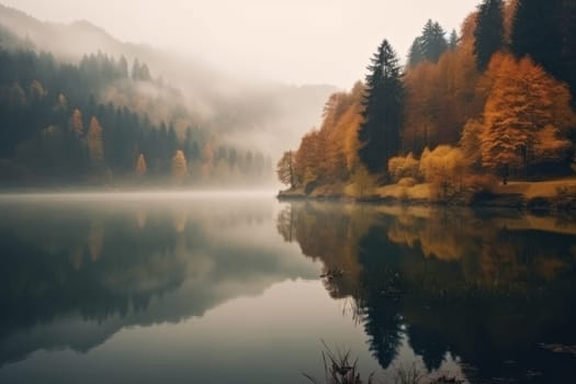 Beautiful autumn mountain nature lake with mist Generative AI.
