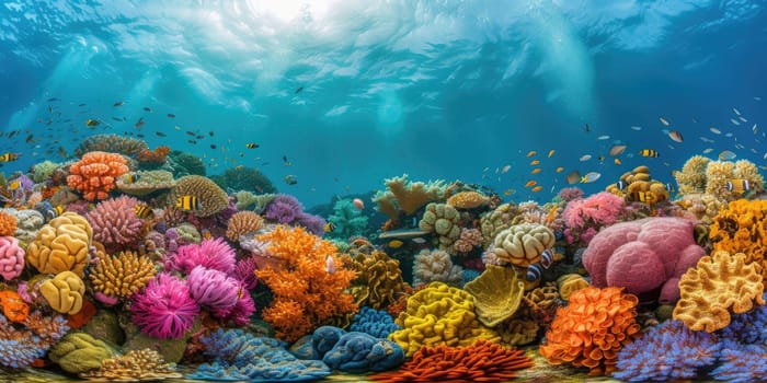 An underwater coral reef scene, diverse marine life, vivid colors, showcasing the beauty and diversity of ocean life. Underwater photography, coral reef ecosystem, diverse marine life,. Resplendent.