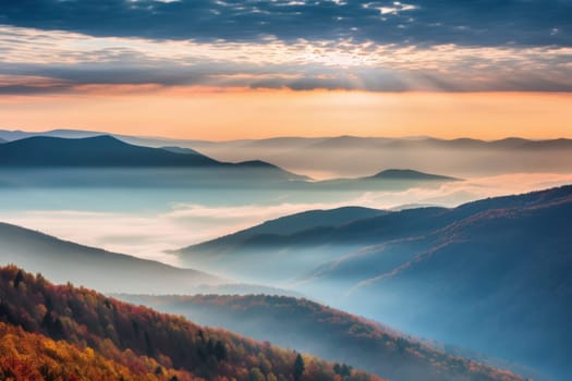 The mountains are covered in a layer of mist and clouds Generative AI.