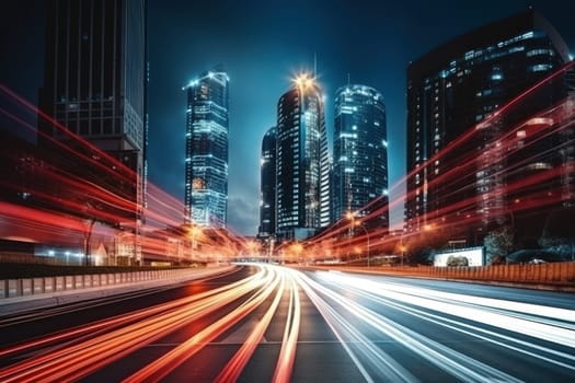 High speed traffic and light trails in highway at twilight Modern city at night Generative AI.