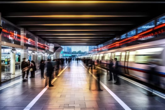 Blurred People Getting Into Subway Train During Rush Hour, Train in subway station during rush hour, Generative Ai.