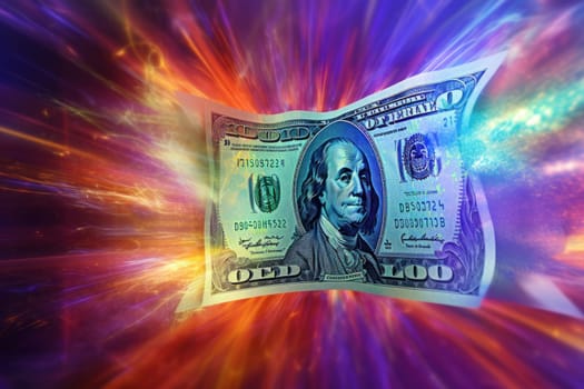 dollar bills falling with colorful abstract background.