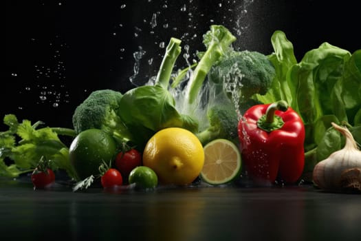 Photo of various vegetables with water splashes.