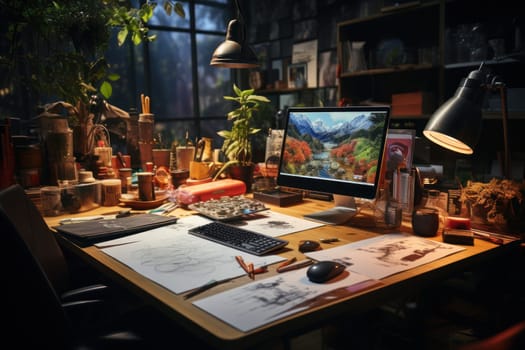 graphic designer home office and creative desk Generative AI.