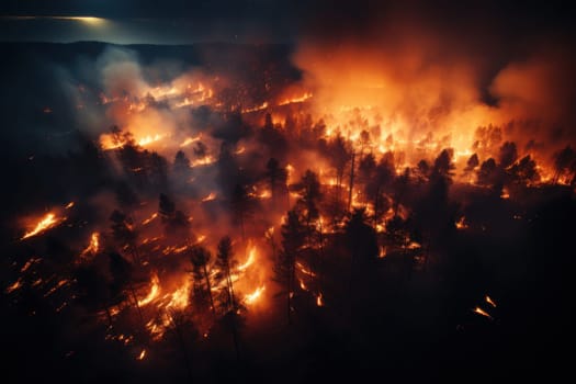 Night forest fire burns the pine trees in the forest Generative AI.