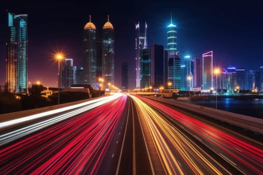 High speed traffic and light trails in highway at twilight Modern city at night Generative AI.