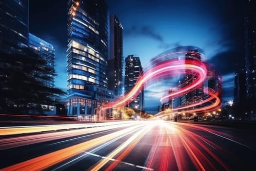 High speed traffic and light trails in highway at twilight Modern city at night Generative AI.