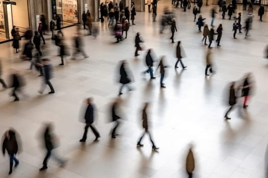 Above view of people walking in motion blur background.
