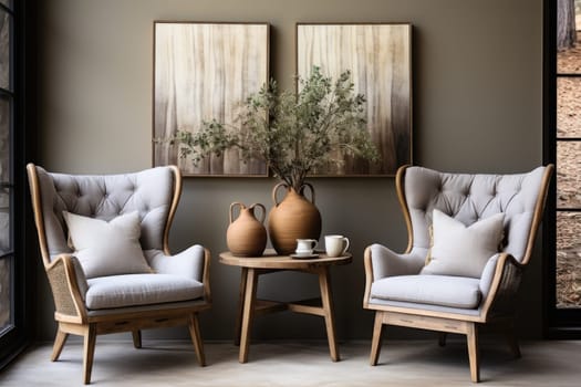 Wing chair near rustic wooden coffee table. Interior design of scandinavian living room with frames.