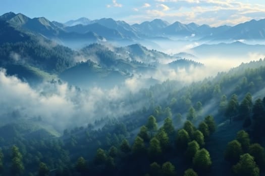 The mountains are covered in a layer of mist and clouds Generative AI.