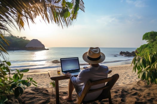 Digital nomad working and enjoying the beach Generative AI.