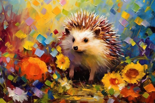 Hedgehog made of oil paint modern art with sunflower Generative AI.