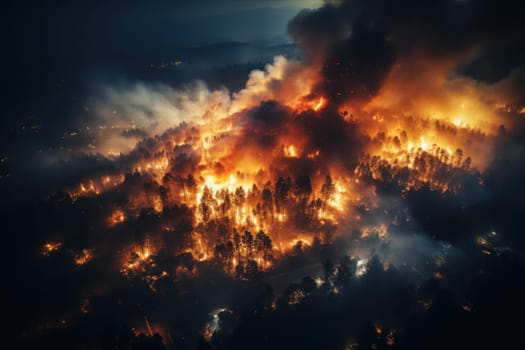 Night forest fire burns the pine trees in the forest Generative AI.