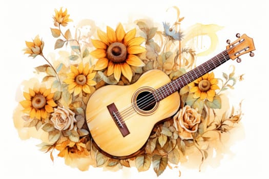 Sunflower and guitar Watercolor beige background Generative AI.