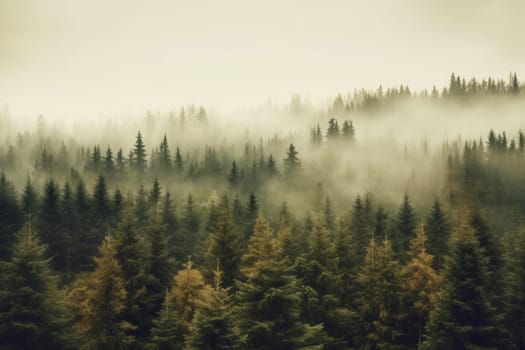 Misty landscape with fir forest in hipster vintage retro style, Vintage foggy mountain landscape.